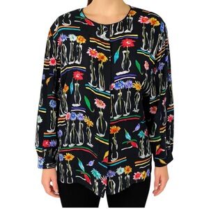 Corey B New York Women's 2X Black Silk Blouse Floral Button Bold Art‎ Colorful